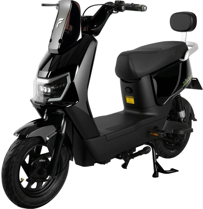 Ofero Zyper 1, a compact black 2-wheel ebike with a step-through frame and a passenger backrest
